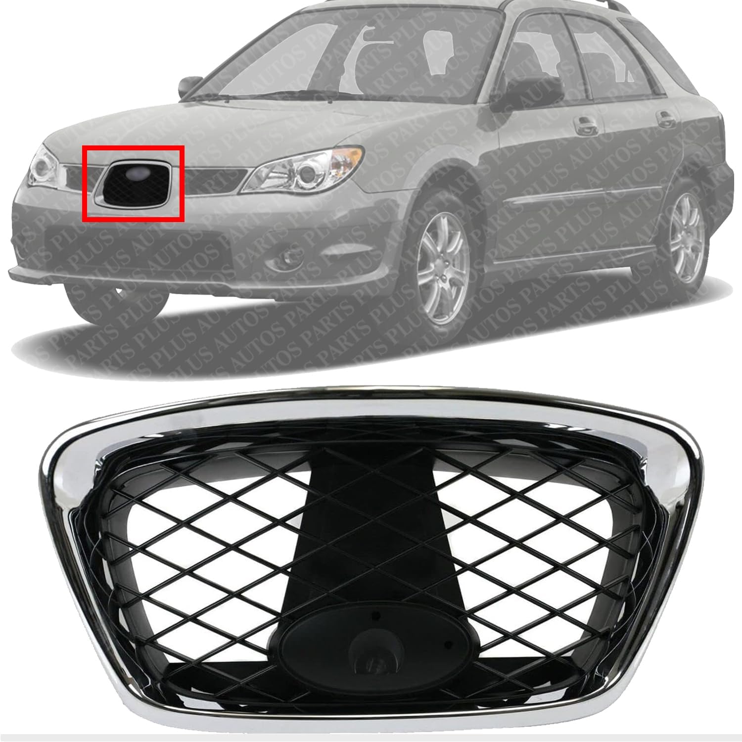 Front Center Grille Chrome Shell With Paintable Insert Plastic Direct Replacement Compatible With Subaru Impreza 2006-2007 91121FE201 SU1200146