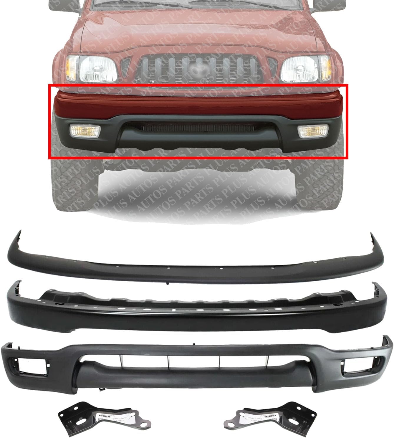 Front Bumper Steel + Upper Filler + Lower Valance + Brackets Right Passenger & Left Driver Side Direct Replacement Compatible With Toyota Tacoma 2001-2004 TO1095196 TO1002176