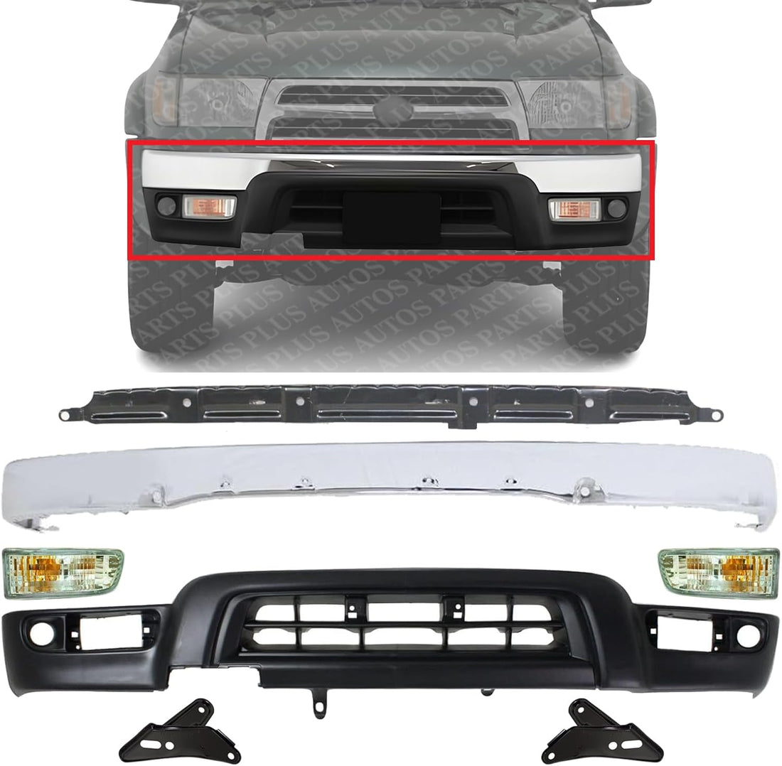 Front Bumper Chrome + Lower Valance Primed + Retainer + Support Brackets + Signal Lights Left And Right Side Direct Replacement Compatible With 1999-2002 Toyota 4Runner TO1066126