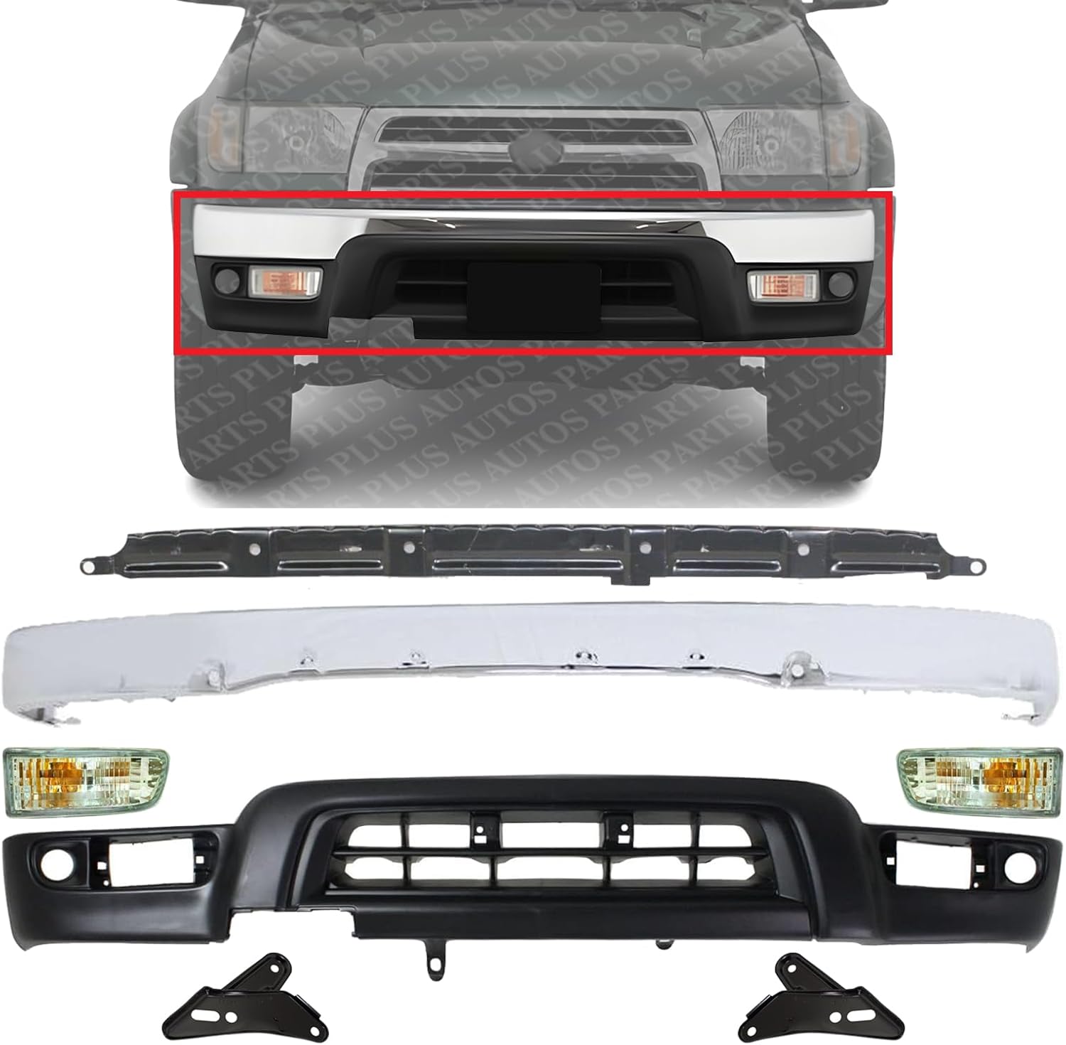 Front Bumper Chrome + Lower Valance Primed + Retainer + Support Brackets + Signal Lights Left And Right Side Direct Replacement Compatible With 1999-2002 Toyota 4Runner TO1066126