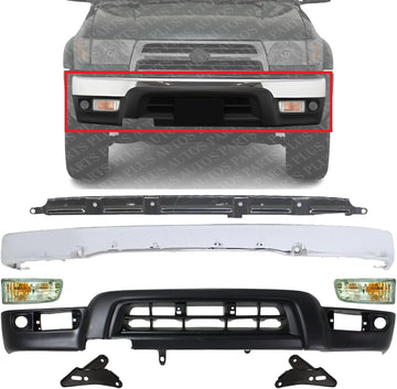 Front Bumper Chrome + Lower Valance Primed + Retainer + Support Brackets + Signal Lights Left And Right Side Direct Replacement Compatible With 1999-2002 Toyota 4Runner TO1066126