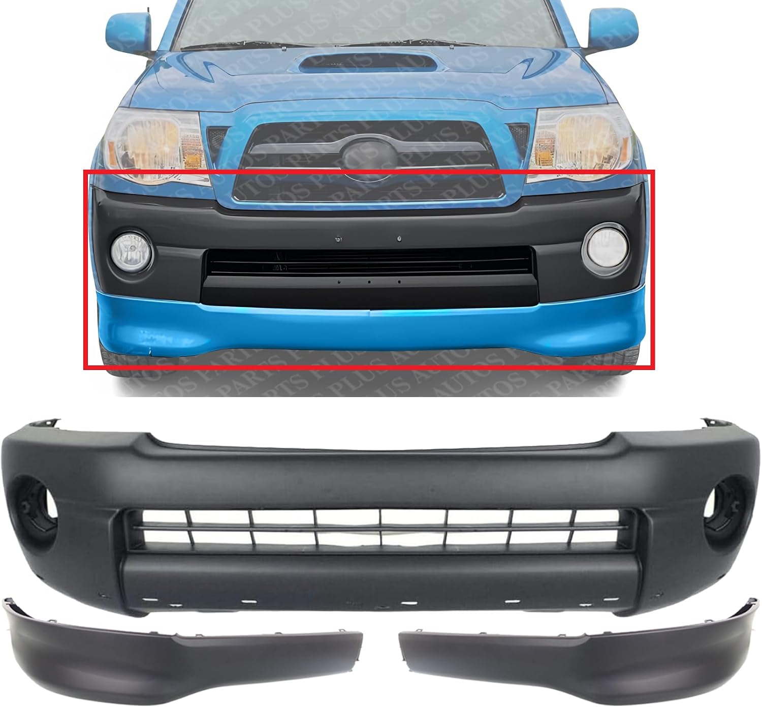 Front Bumper Cover Textured + Lower Valance Primed Plastic Left Driver & Right Passenger Side Direct Replacement Compatible With 2005-2011 Toyota Tacoma TO1000305 TO1093127 TO1093128