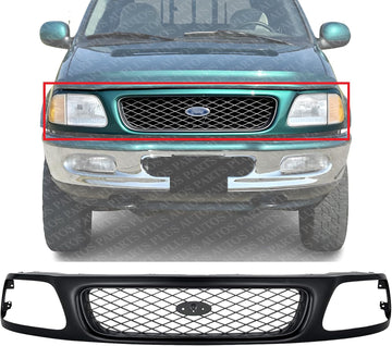 Front Grille Primed Shell And Mesh Insert Plastic Direct Replacement Compatible With 1997-1998 Ford F-150 / F-250 FO1200328 F65Z8200AAN F85Z8200CAA