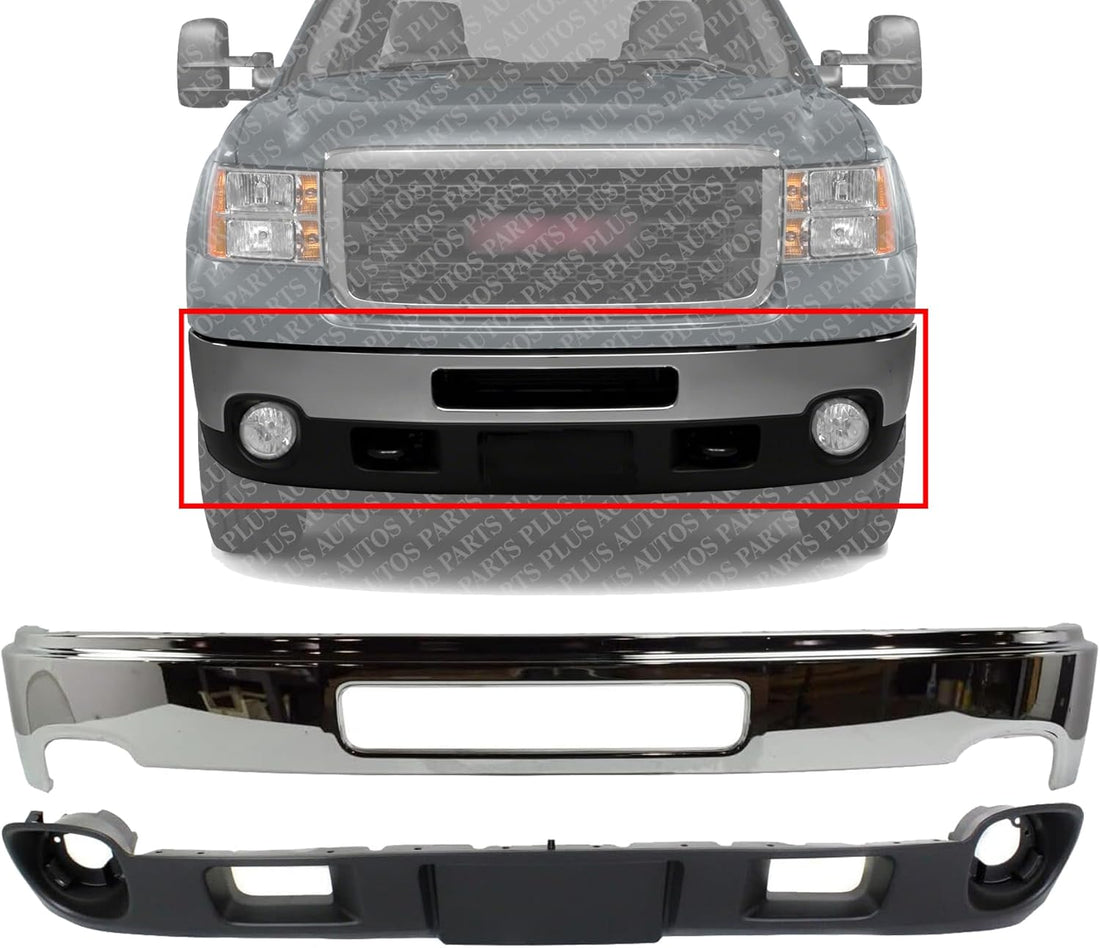 AUTOS PARTS PLUS Front Bumper Chrome Steel + Lower Valance Air Deflector Textured Direct Replacement Compatible With 2011-2014 GMC Sierra 2500HD 3500HD GM1002839 GM1092216 22755085 25998989