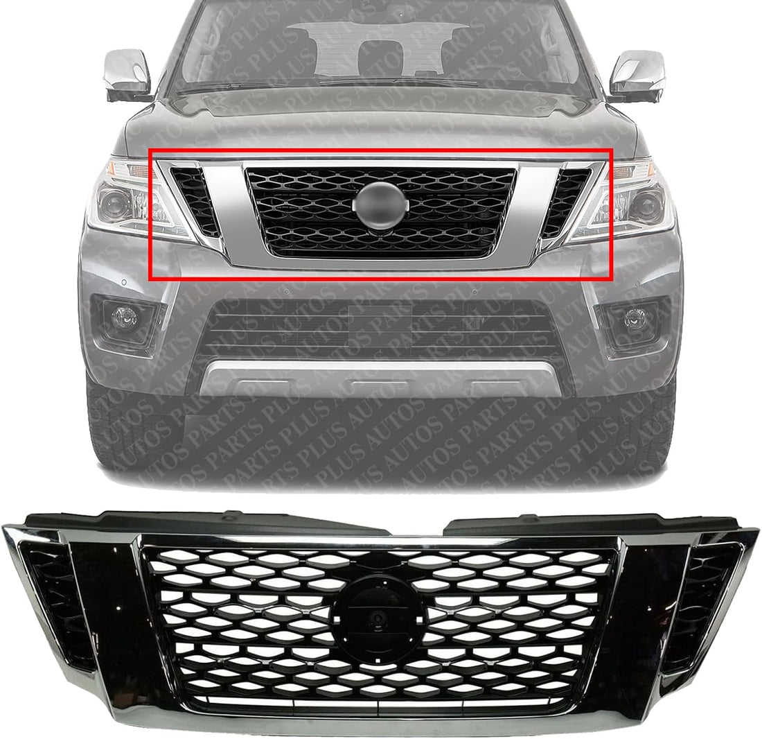 Front Grille Primed Plastic With Chrome Frame Direct Replacement Compatible With 2017-2020 Nissan Armada NI1200286 623105ZW0A