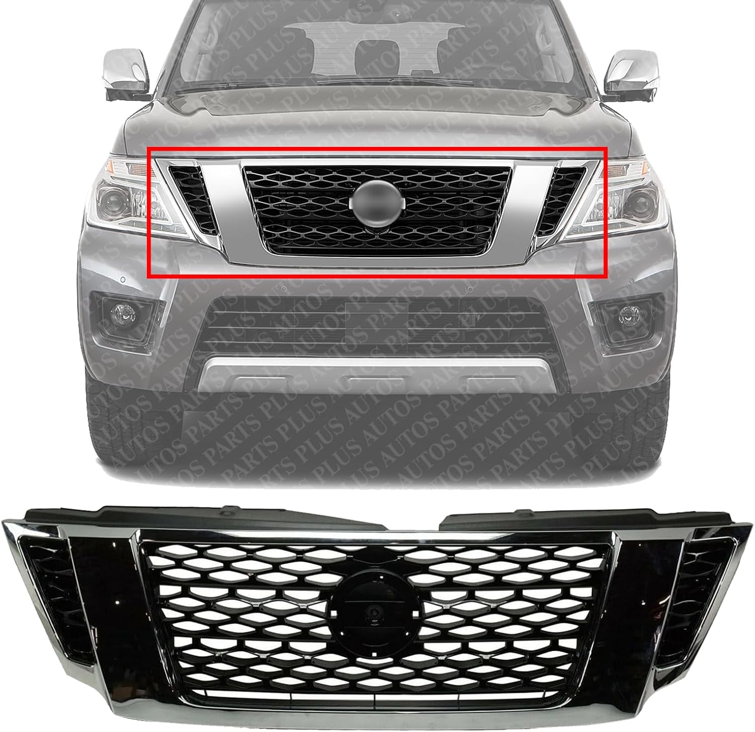 Front Grille Primed Plastic With Chrome Frame Direct Replacement Compatible With 2017-2020 Nissan Armada NI1200286 623105ZW0A