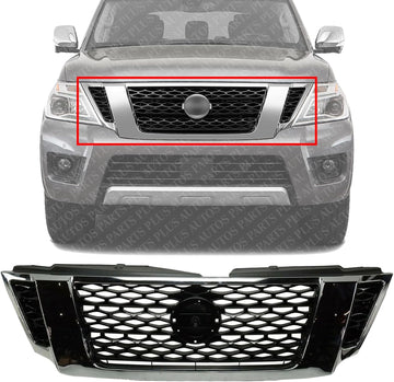 Front Grille Primed Plastic With Chrome Frame Direct Replacement Compatible With 2017-2020 Nissan Armada NI1200286 623105ZW0A