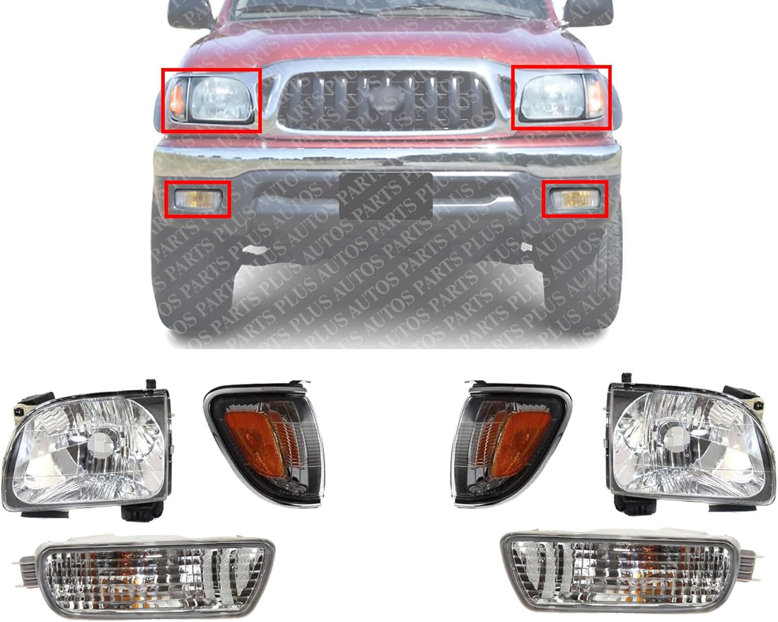 Front Headlights + Signal Lights + Corners Lamps With Chrome Trim Assembly Left Driver & Right Passenger Side Direct Replacement Compatible With 2001-2004 Toyota Tacoma TO2502136
