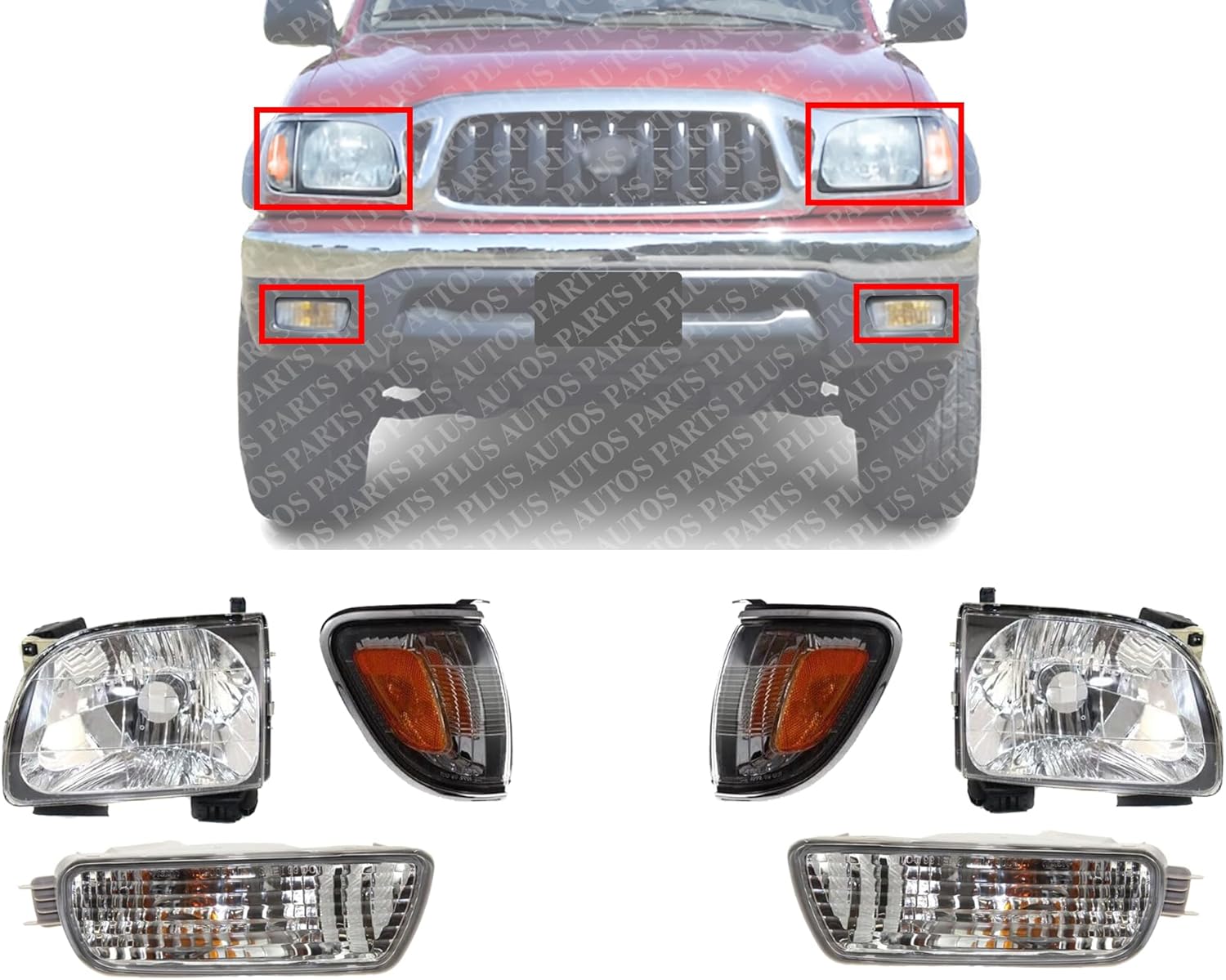 Front Headlights + Signal Lights + Corners Lamps With Chrome Trim Assembly Left Driver & Right Passenger Side Direct Replacement Compatible With 2001-2004 Toyota Tacoma TO2502136