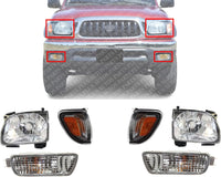 Front Headlights + Signal Lights + Corners Lamps With Chrome Trim Assembly Left Driver & Right Passenger Side Direct Replacement Compatible With 2001-2004 Toyota Tacoma TO2502136