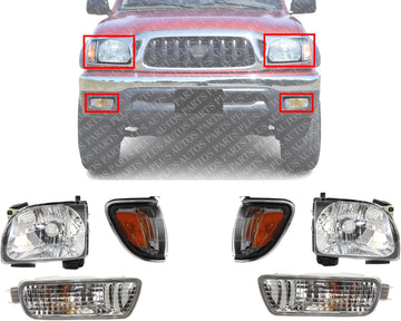 Front Headlights + Signal Lights + Corners Lamps With Chrome Trim Assembly Left Driver & Right Passenger Side Direct Replacement Compatible With 2001-2004 Toyota Tacoma TO2502136
