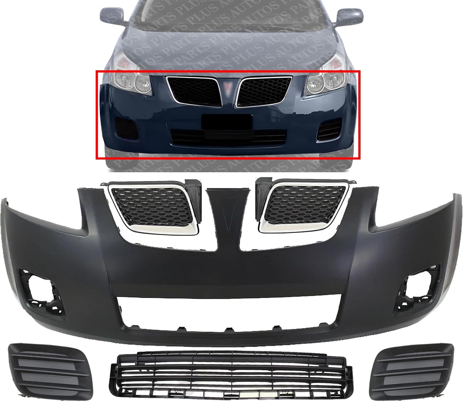 Front Bumper Cover Primed Plastic + Upper & Lower Grille + Fog Light Cover Left Driver & Right Passenger Side Direct Replacement Compatible With 2009-2010 Pontiac Vibe