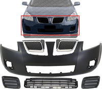 Front Bumper Cover Primed Plastic + Upper & Lower Grille + Fog Light Cover Left Driver & Right Passenger Side Direct Replacement Compatible With 2009-2010 Pontiac Vibe
