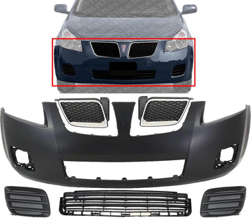 Front Bumper Cover Primed Plastic + Upper & Lower Grille + Fog Light Cover Left Driver & Right Passenger Side Direct Replacement Compatible With 2009-2010 Pontiac Vibe