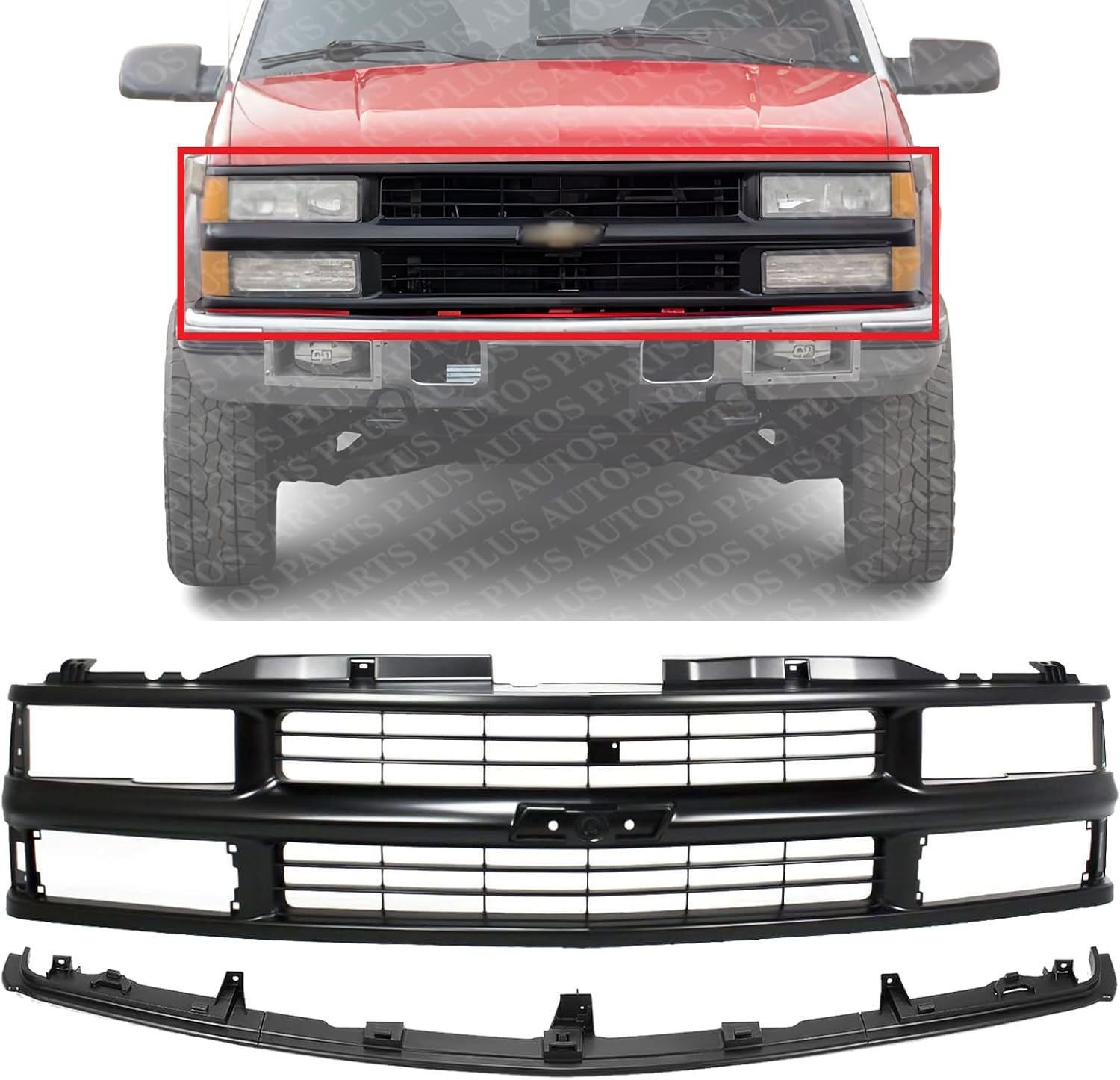 Front Grille Primed Shell & Cross Bar Insert With Dual Beam Headlamp + Bumper Center Filler Direct Replacement Compatible With 1994-2000 Chevrolet / 1994-1999 Suburban C-K Series