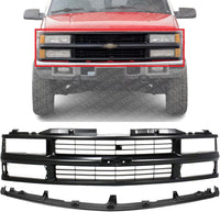 Front Grille Primed Shell & Cross Bar Insert With Dual Beam Headlamp + Bumper Center Filler Direct Replacement Compatible With 1994-2000 Chevrolet / 1994-1999 Suburban C-K Series