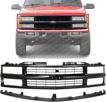 Front Grille Primed Shell & Cross Bar Insert With Dual Beam Headlamp + Bumper Center Filler Direct Replacement Compatible With 1994-2000 Chevrolet / 1994-1999 Suburban C-K Series