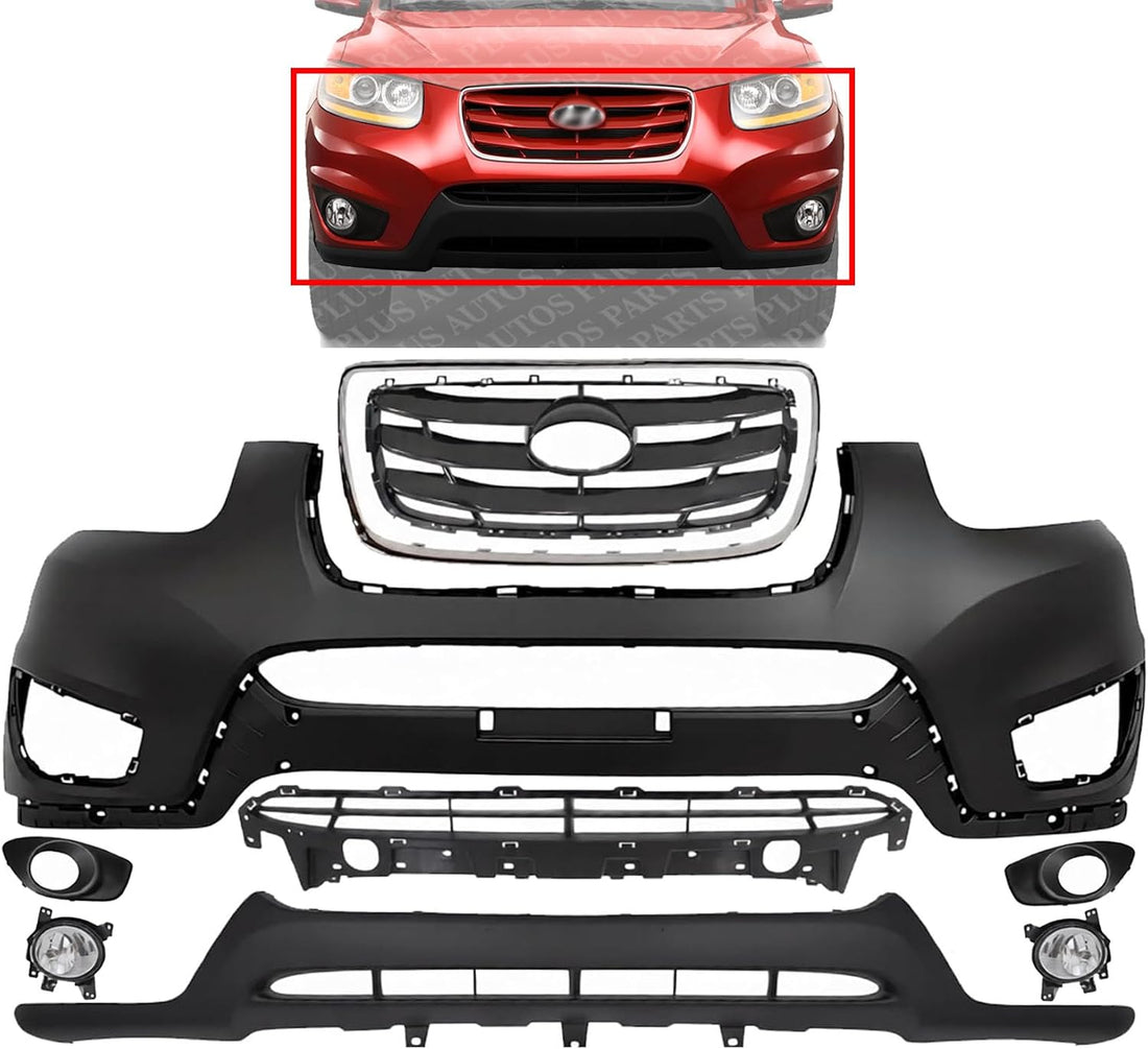 Front Bumper Cover + Valance + Upper & Lower Grille + Molding Chrome + Fog Light + Trim Left & Right Side Direct Replacement Compatible With 2010-2012 Hyundai Santa Fe