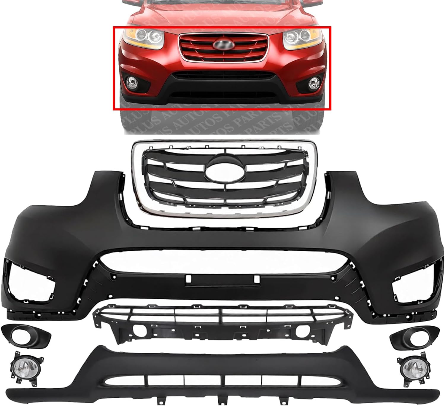 Front Bumper Cover + Valance + Upper & Lower Grille + Molding Chrome + Fog Light + Trim Left & Right Side Direct Replacement Compatible With 2010-2012 Hyundai Santa Fe