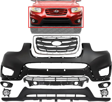 Front Bumper Cover + Valance + Upper & Lower Grille + Molding Chrome + Fog Light + Trim Left & Right Side Direct Replacement Compatible With 2010-2012 Hyundai Santa Fe