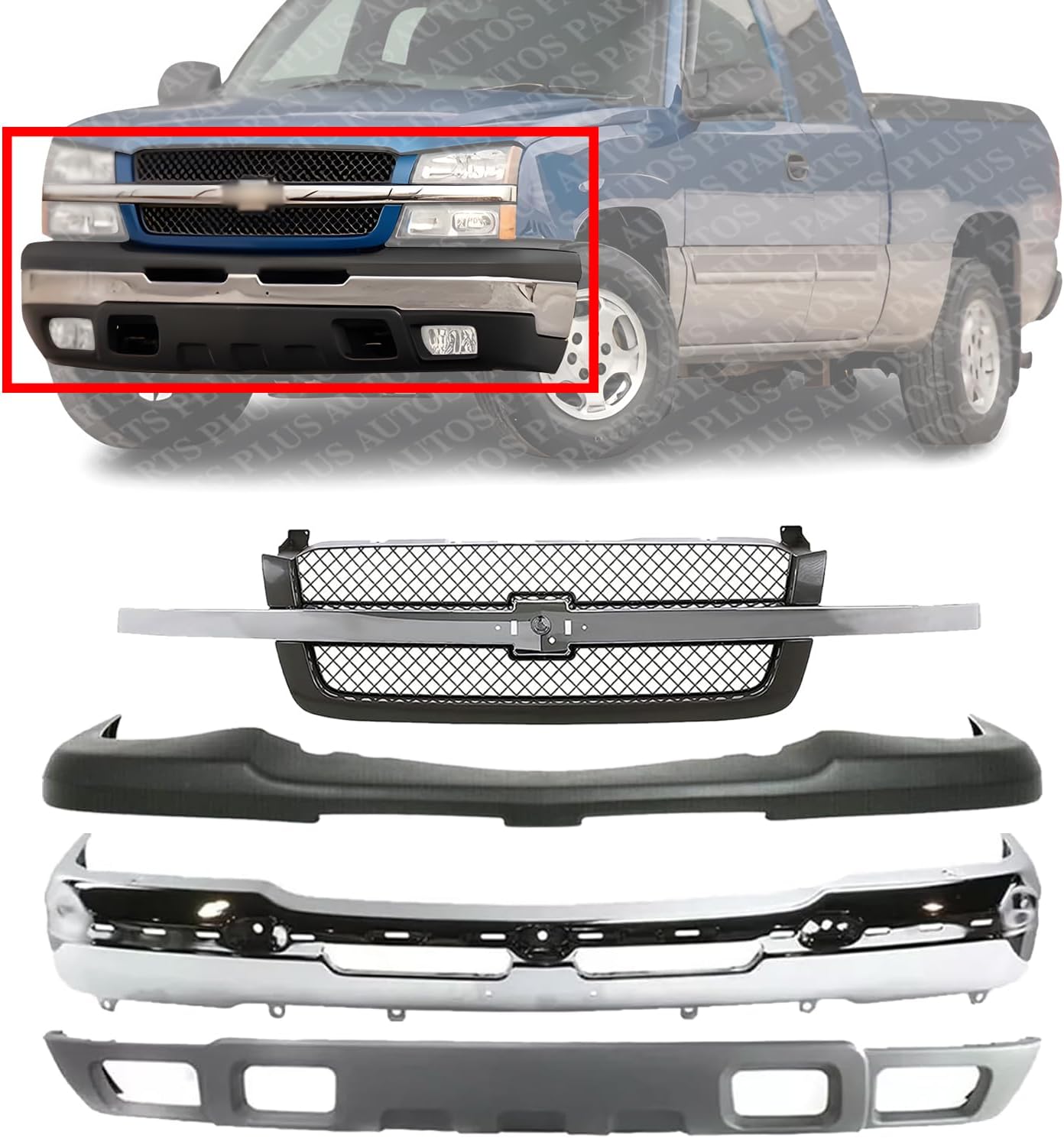 Bumper Chrome Steel + Grille Primed + Upper Cover + Lower Valance Textured with Fog Lights Holes Direct Replacement For Chevrolet Silverado 1500 / Avalanche 2003-2006
