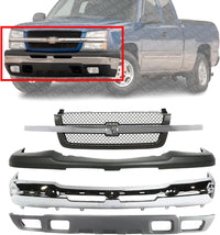 Bumper Chrome Steel + Grille Primed + Upper Cover + Lower Valance Textured with Fog Lights Holes Direct Replacement For Chevrolet Silverado 1500 / Avalanche 2003-2006