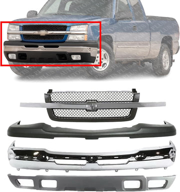 Bumper Chrome Steel + Grille Primed + Upper Cover + Lower Valance Textured with Fog Lights Holes Direct Replacement For Chevrolet Silverado 1500 / Avalanche 2003-2006