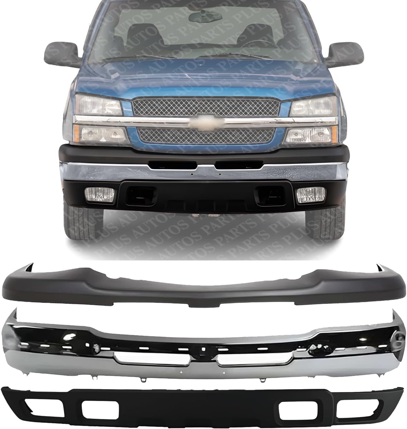 Front Bumper Chrome Steel + Upper Cover + Lower Valance Textured Direct Replacement Compatible With Chevrolet Silverado 1500 2003-2006 / Avalanche 2002-2006 GM1051110 GM1002416