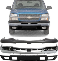 Front Bumper Chrome Steel + Upper Cover + Lower Valance Textured Direct Replacement Compatible With Chevrolet Silverado 1500 2003-2006 / Avalanche 2002-2006 GM1051110 GM1002416