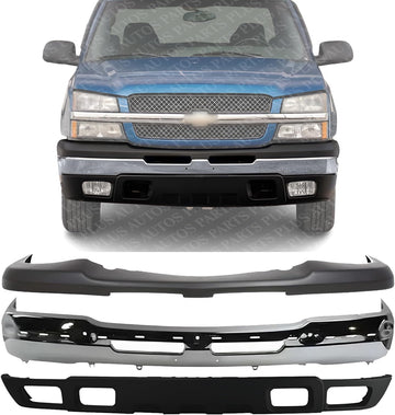 Front Bumper Chrome Steel + Upper Cover + Lower Valance Textured Direct Replacement Compatible With Chevrolet Silverado 1500 2003-2006 / Avalanche 2002-2006 GM1051110 GM1002416