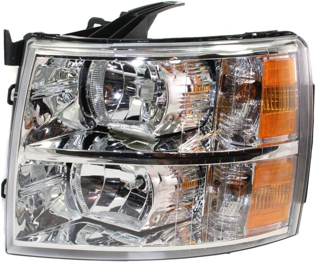 Front Grille Assembly Chrome Shell With Primed Insert + Head Light Left Driver & Right Passenger Side Direct Replacement Compatible With 2007-2010 Chevrolet Silverado 2500 3500 HD