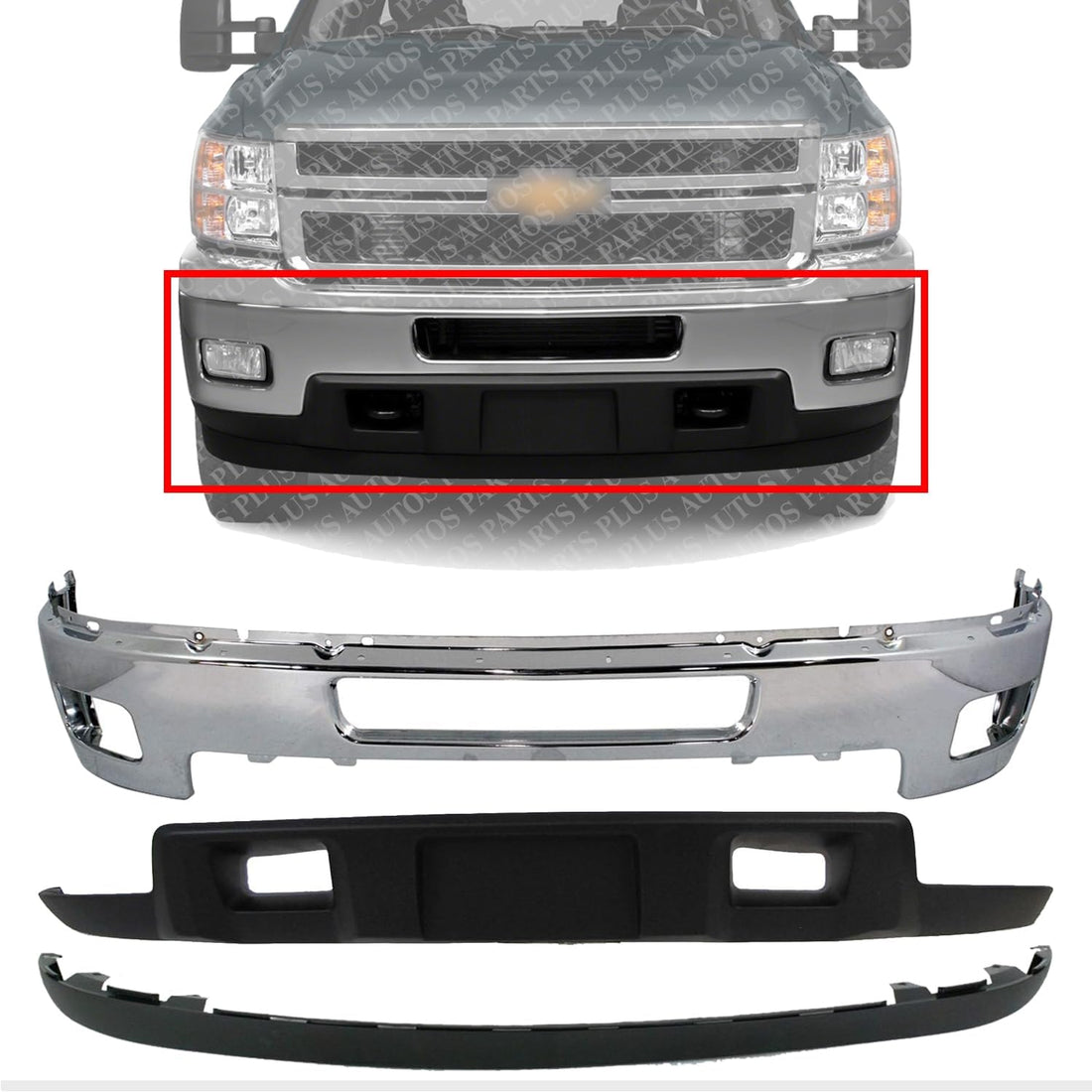 Front Bumper Chrome Steel + Lower Valance Air Deflector + Extension Textured Direct Replacement Compatible With 2011-2014 Chevrolet Silverado 2500HD 3500HD GM1095195 GM1092213
