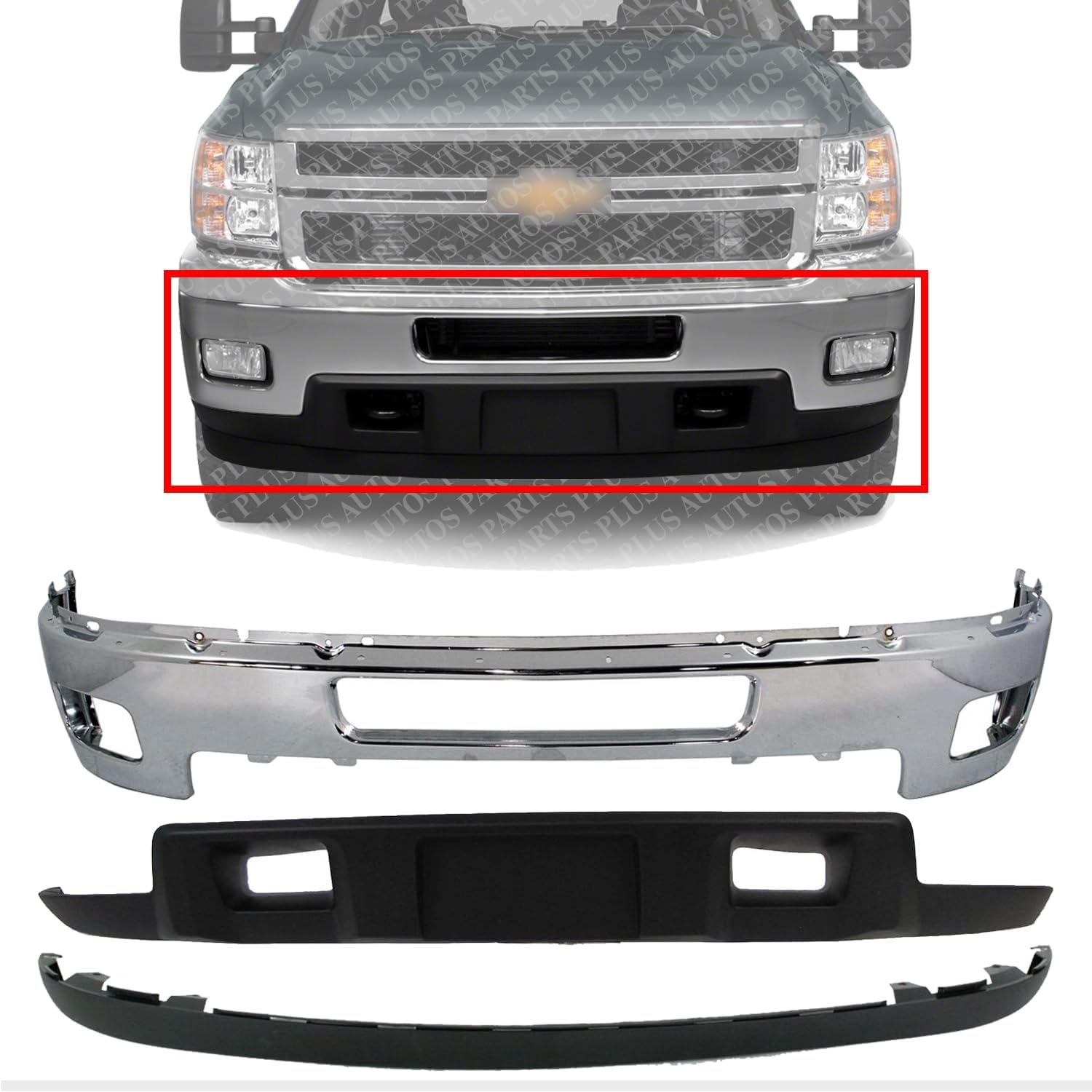 Front Bumper Chrome Steel + Lower Valance Air Deflector + Extension Textured Direct Replacement Compatible With 2011-2014 Chevrolet Silverado 2500HD 3500HD GM1095195 GM1092213