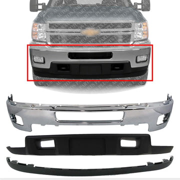 Front Bumper Chrome Steel + Lower Valance Air Deflector + Extension Textured Direct Replacement Compatible With 2011-2014 Chevrolet Silverado 2500HD 3500HD GM1095195 GM1092213