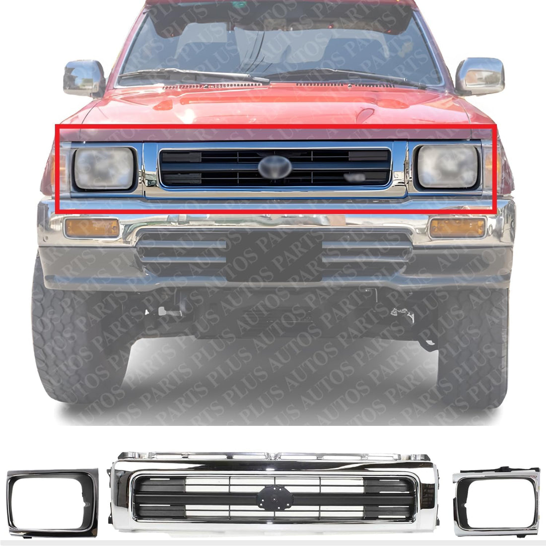 AUTOS PARTS PLUS Front Grille Chrome Shell/Painted Black Insert + Head Light Door Bezels Left Driver & Right Passenger Side Direct Replacement Compatible With 1992-1995 Toyota Pickup TO2512116