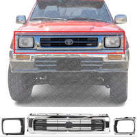 AUTOS PARTS PLUS Front Grille Chrome Shell/Painted Black Insert + Head Light Door Bezels Left Driver & Right Passenger Side Direct Replacement Compatible With 1992-1995 Toyota Pickup TO2512116