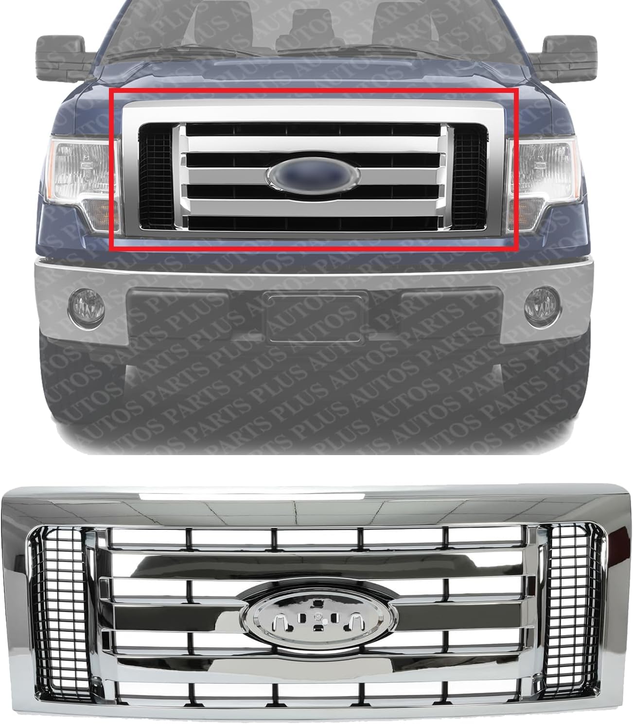 Front Grille Chrome Shell & Primed Insert Direct Replacement Compatible With 2009-2012 Ford F-150 FO1200511 9L3Z8200D