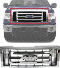 Front Grille Chrome Shell & Primed Insert Direct Replacement Compatible With 2009-2012 Ford F-150 FO1200511 9L3Z8200D