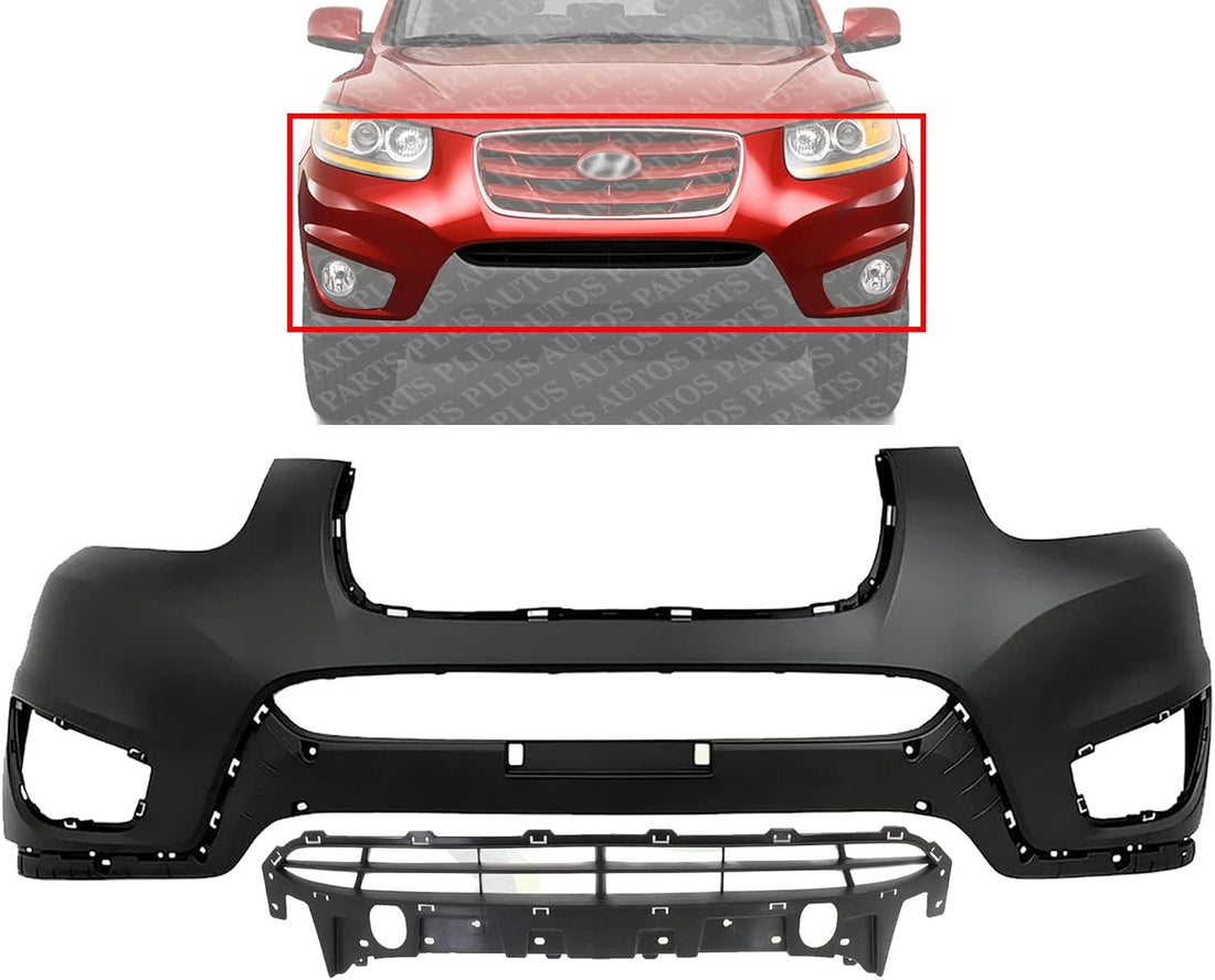 Front Bumper Cover Primed Plastic + Lower Grille Direct Replacement Compatible with 2010-2012 Hyundai Santa Fe