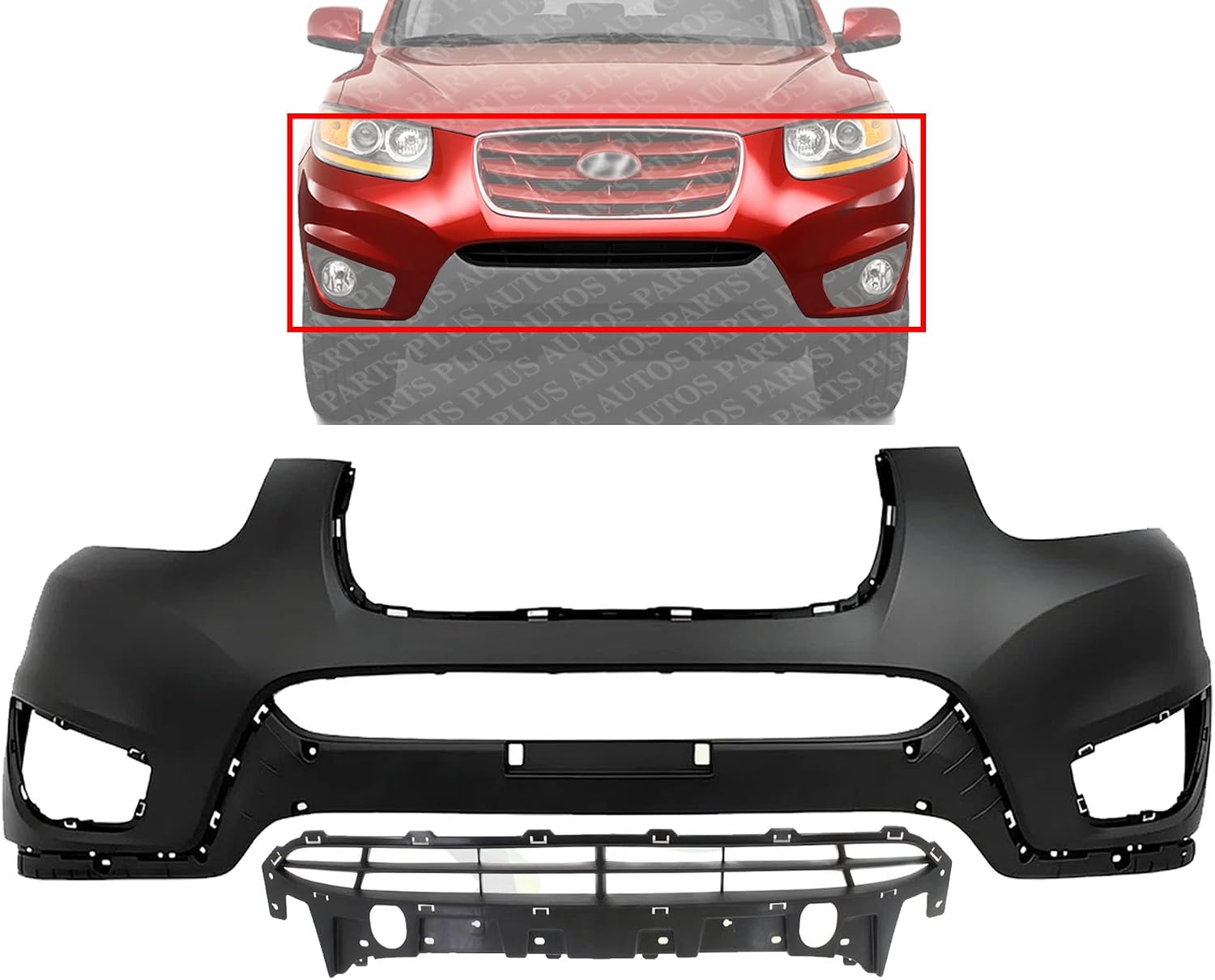 Front Bumper Cover Primed Plastic + Lower Grille Direct Replacement Compatible with 2010-2012 Hyundai Santa Fe