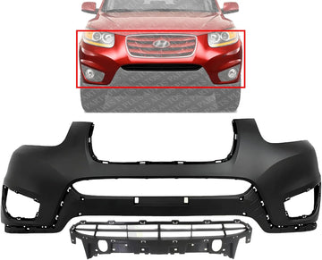 Front Bumper Cover Primed Plastic + Lower Grille Direct Replacement Compatible with 2010-2012 Hyundai Santa Fe