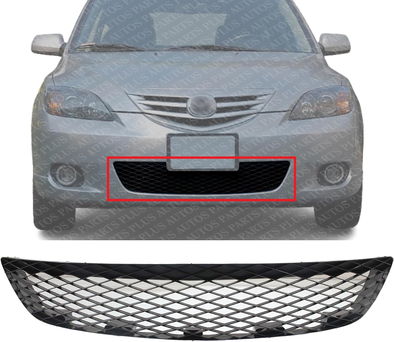 Front Bumper Grille Textured Plastic Direct Replacement Compatible With 2004-2006 Mazda 3 MA1036115 BN8F501T1A