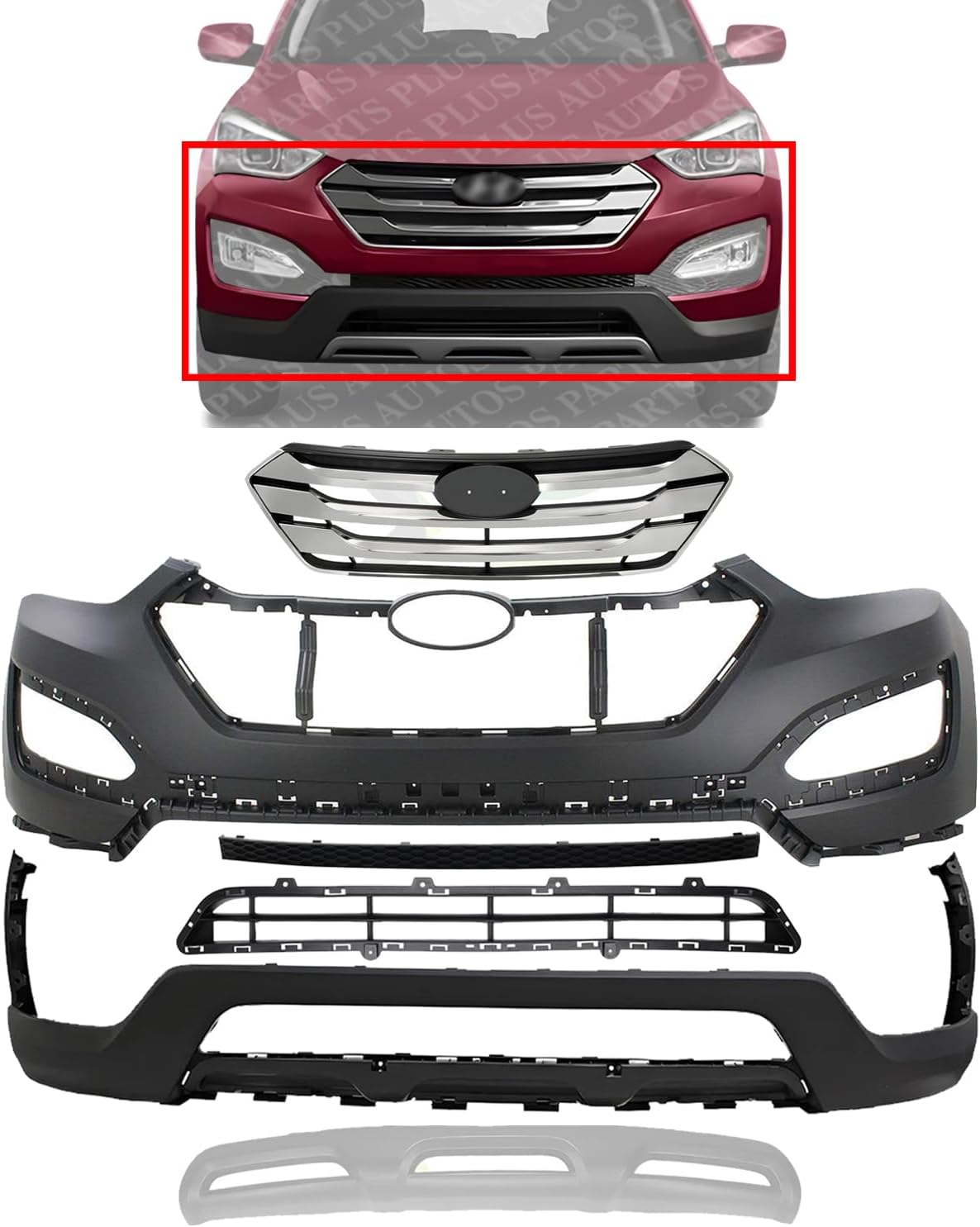 Front Bumper Cover Primed Plastic + Valance + Upper & Lower Grille + Center Molding + Skid Plate Direct Replacement Compatible With 2013-2016 Hyundai Santa Fe Sport