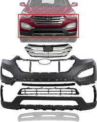 Front Bumper Cover Primed Plastic + Valance + Upper & Lower Grille + Center Molding + Skid Plate Direct Replacement Compatible With 2013-2016 Hyundai Santa Fe Sport