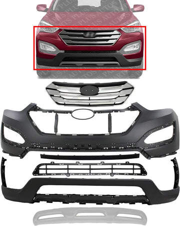 Front Bumper Cover Primed Plastic + Valance + Upper & Lower Grille + Center Molding + Skid Plate Direct Replacement Compatible With 2013-2016 Hyundai Santa Fe Sport