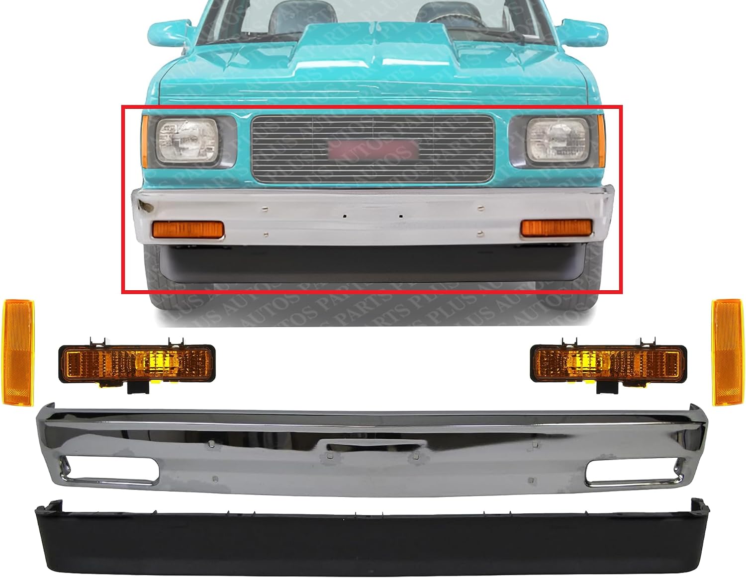 Front Bumper Chrome + Lower Valance Air Deflector + Signal Lights + Corner Lamps Lens And Housing Right & Left Side Direct Replacement Compatible With 1982-1990 GMC S15 / Chevy S10