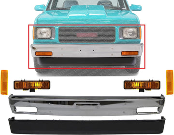 Front Bumper Chrome + Lower Valance Air Deflector + Signal Lights + Corner Lamps Lens And Housing Right & Left Side Direct Replacement Compatible With 1982-1990 GMC S15 / Chevy S10