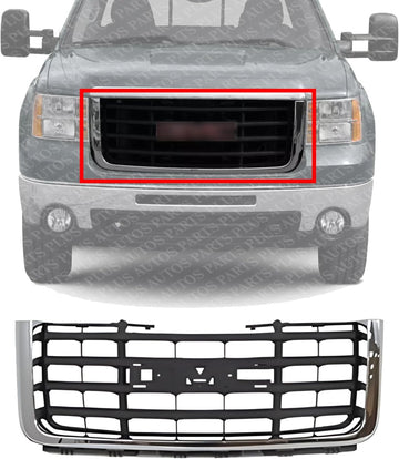 Front Grille Chrome Shell With Textured Gray Insert Direct Replacement Compatible With 2007-2010 GMC Sierra GM1200613 25825523