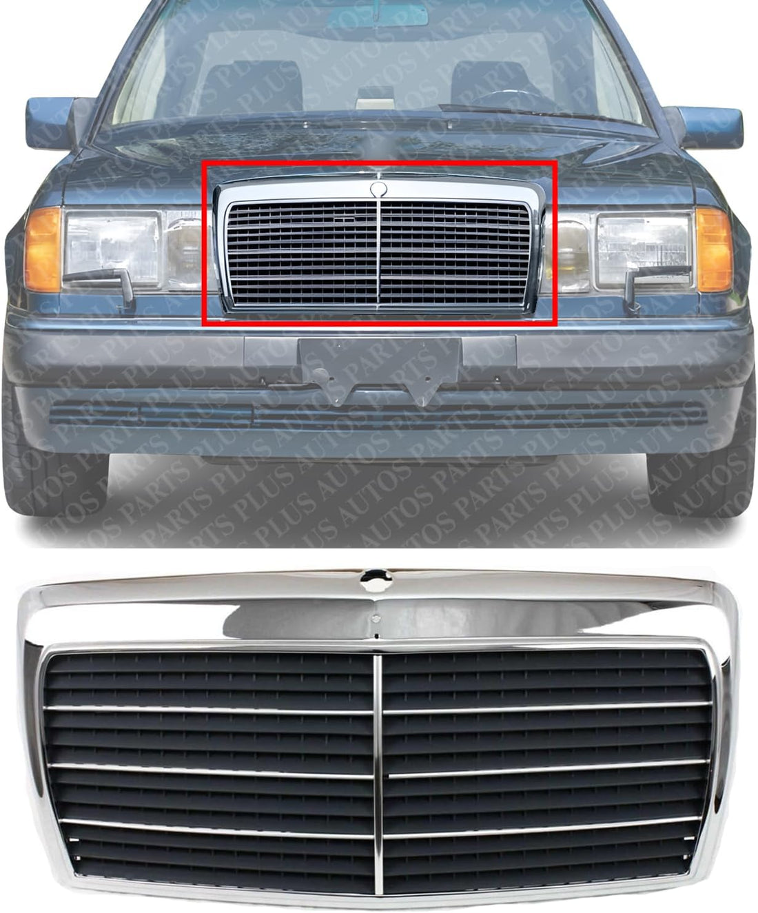 Front Grille Chrome Shell & Gray Insert Direct Replacement Compatible With 1986-1993 Mercedes Benz E-Class MB1200129 1248800783