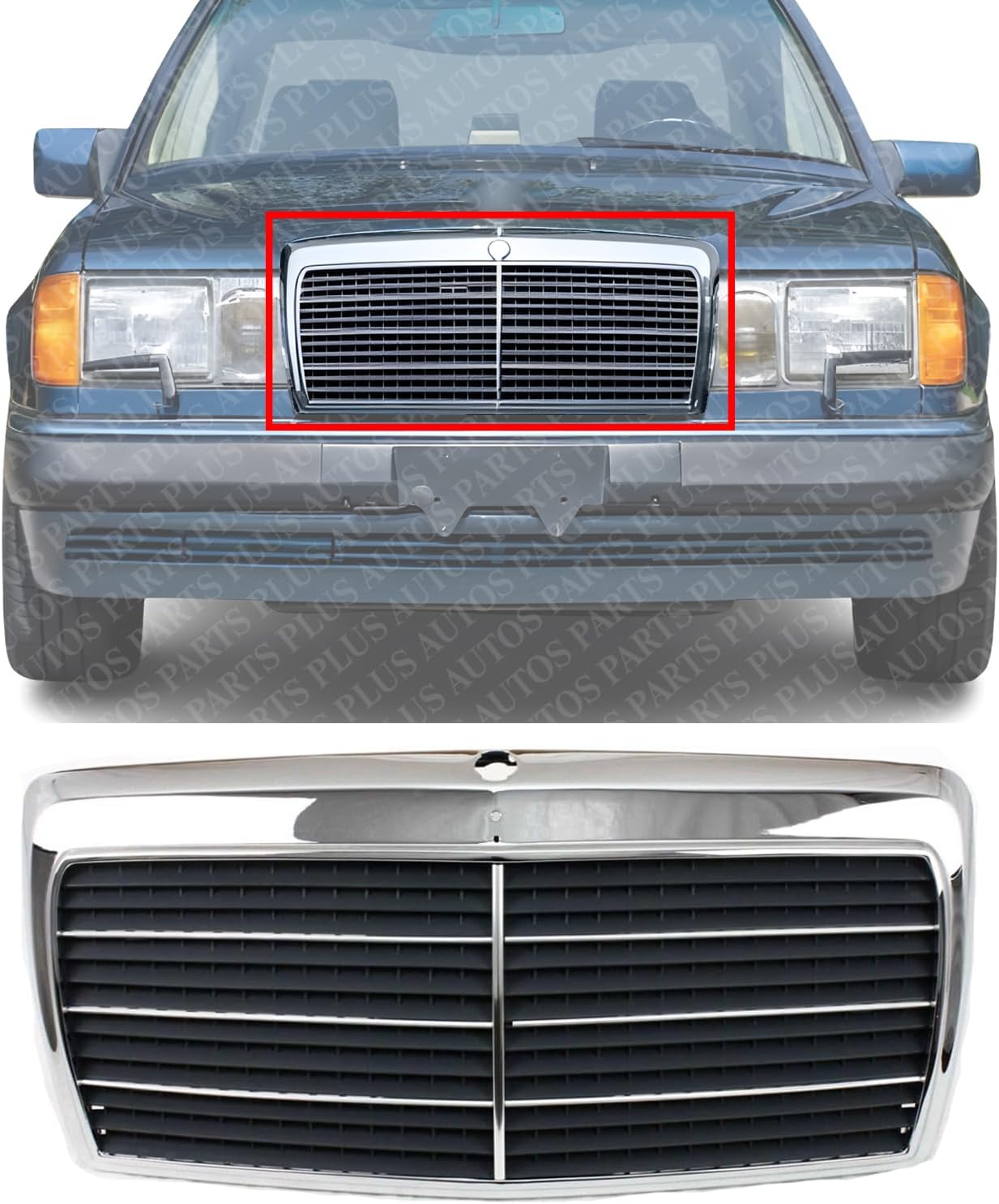 Front Grille Chrome Shell & Gray Insert Direct Replacement Compatible With 1986-1993 Mercedes Benz E-Class MB1200129 1248800783